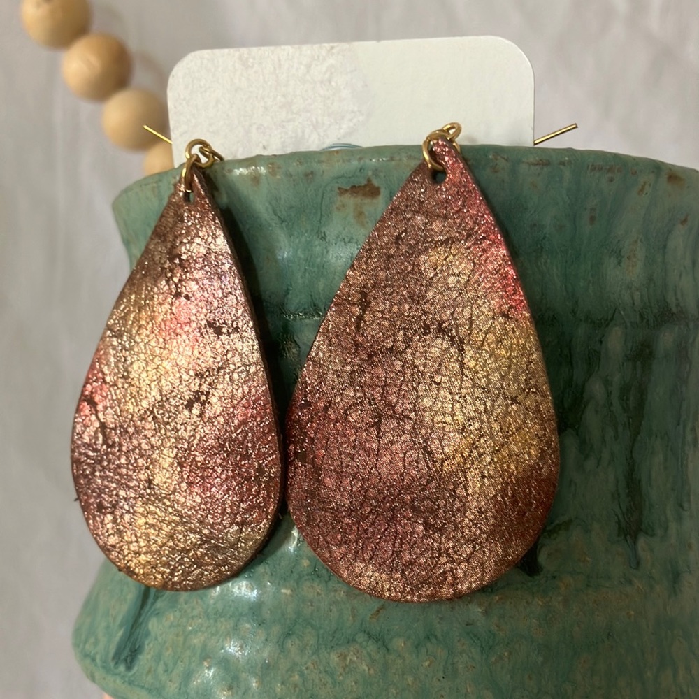 Shimmery Genuine Leather Teardrop Earrings